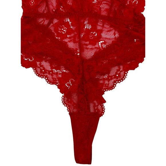 Red Lace V-Neck Strappy Back Thong Croquette Devilcore Bodysuit Lingerie - Picture 11 of 12